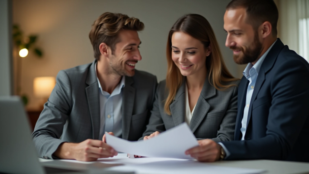 Ehepaar mit Steuerberater in einem Büro, bespricht Jahressteuererklärung und Elterngeld-Auswirkungen