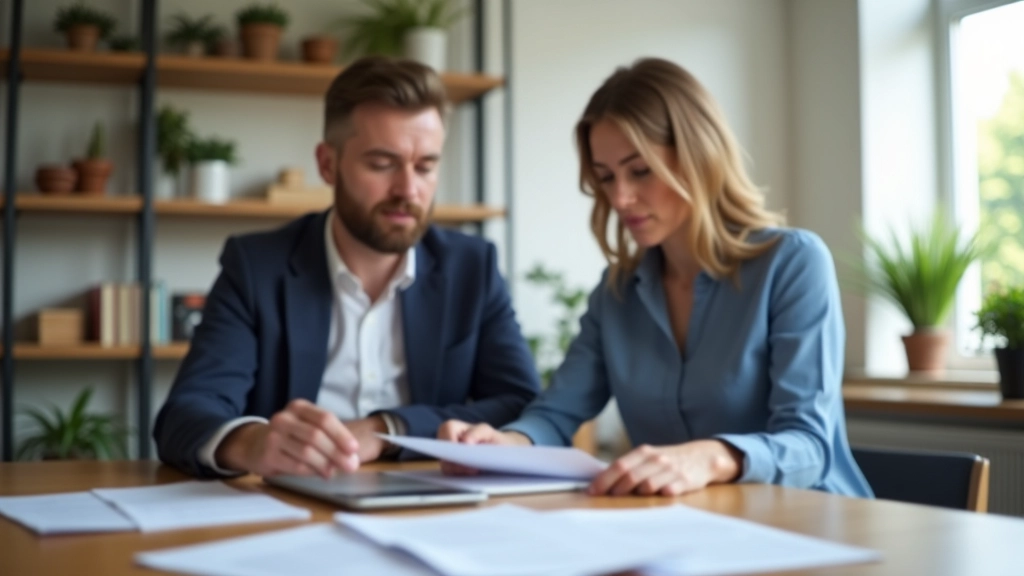 Zwei Ehegatten besprechen Steuerdokumente am Esstisch, Laptop und Rechner sichtbar, warme Beleuchtung