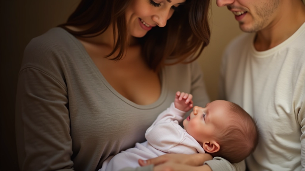 Familie mit neugeborenem Kind, Mutter hält Baby, Elterngeld-Dokumente auf Tisch sichtbar