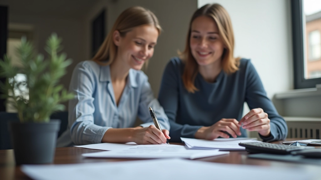 Ehepaar arbeitet mit Finanzberater an Steuererklärung, Dokumente und Rechner auf dem Schreibtisch