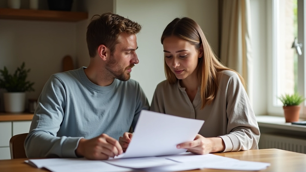 Ehepaar beim Besprechen von Finanzunterlagen am Küchentisch, beide konzentriert auf Papiere